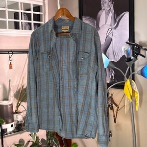 Free Nature Flannel Shirt Mens Large Blue Excellent Slim Fit Plaid Button Down